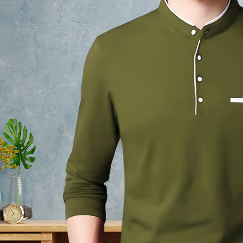Men Olive Henley Full Sleeve T-Shirt